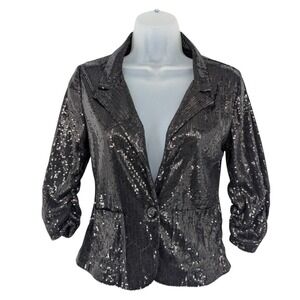 About A Girl Los Angeles Womens Small Black Sequin Blazer 3/4 Ruched Sleeve